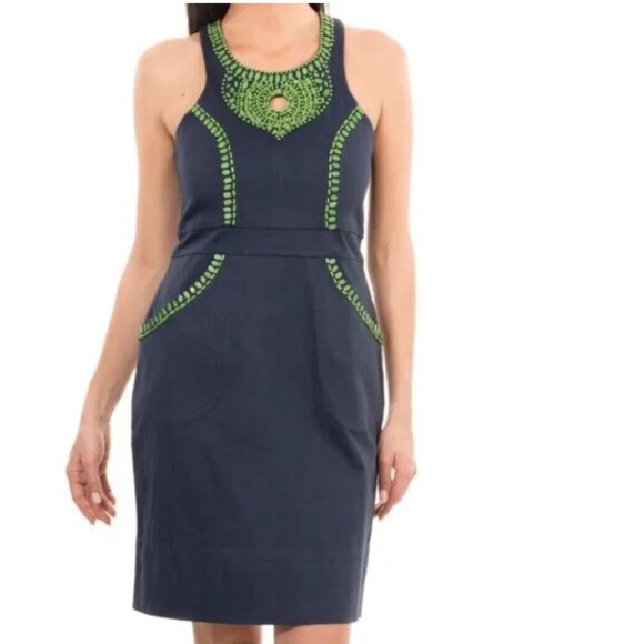 Gretchen Scott Navy Blue~Green Beaded Sleeveless Dress Size XS - Picture 1 of 12